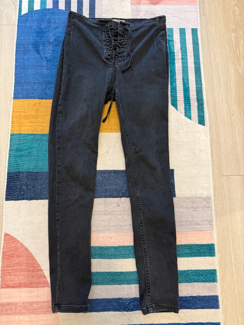 Free People High Rise Lace-Up Front Skinny Jeans Washed Black Faded 26 Festival